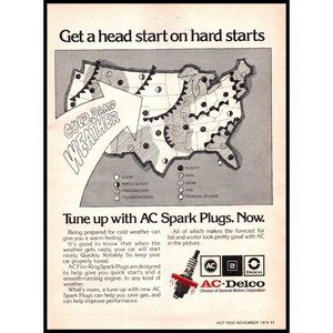 1974 AC Delco Spark Plugs Vintage Print Ad US Weather Map United States Wall Art